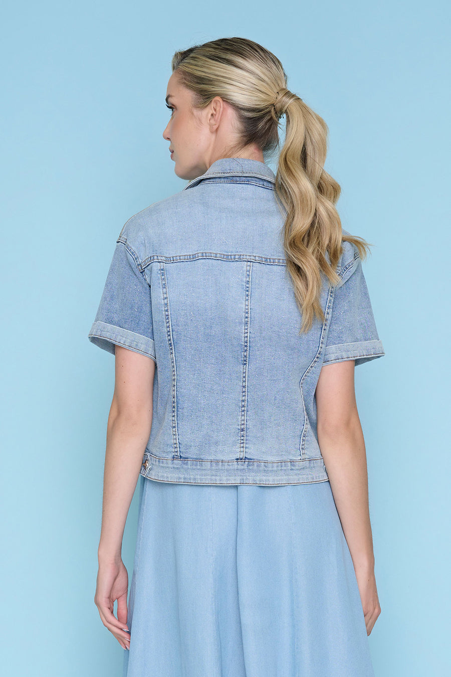 Short-Sleeve Glitter Denim Jacket