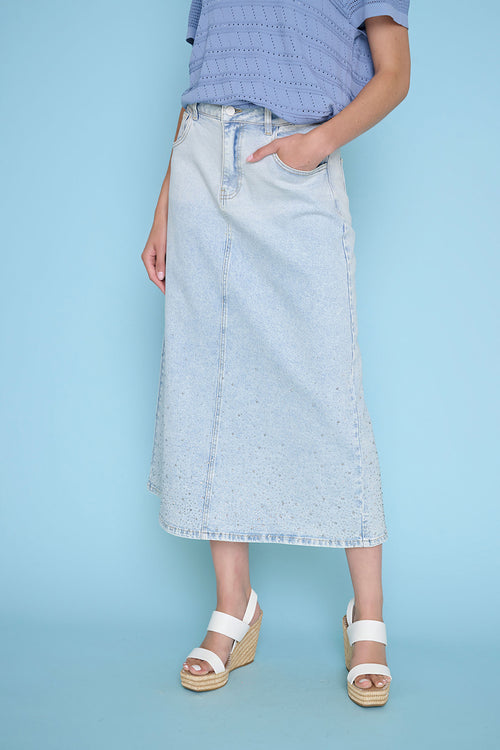Rhinestone Denim Long Skirt Front View