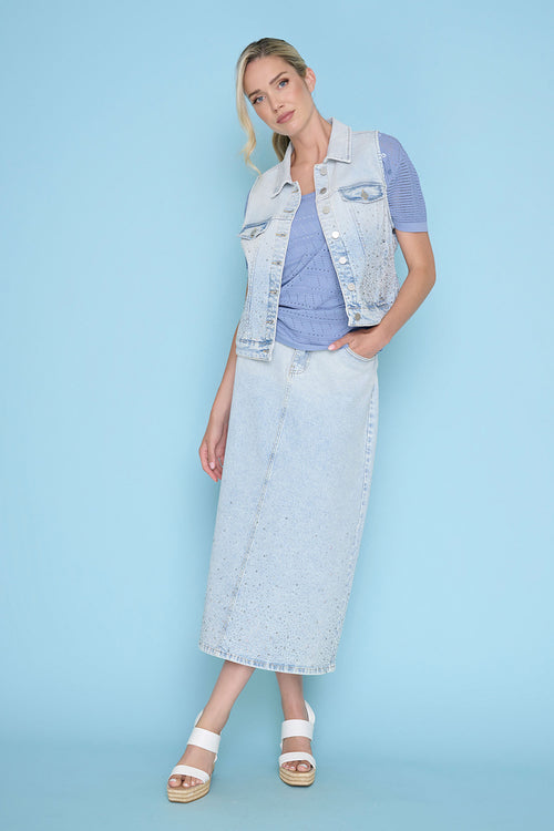 Rhinestone Denim Long Skirt Full Length