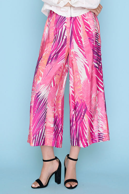 Wide-Leg Leaf-Printed Cropped Pants
