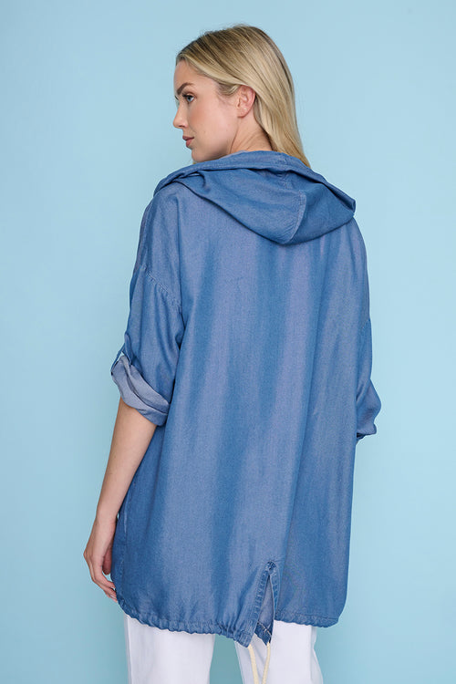 Hooded Open-Front Long Jacket Back View