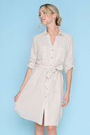 3/4 Sleeves Button-Front Belted Dress