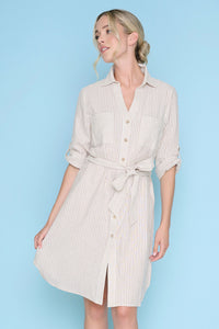 3/4 Sleeves Button-Front Belted Dress