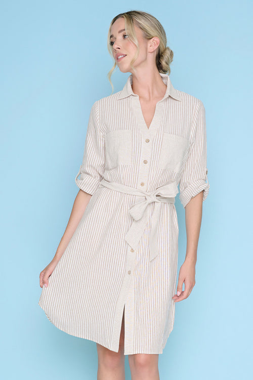 3/4 Sleeves Button-Front Belted Dress