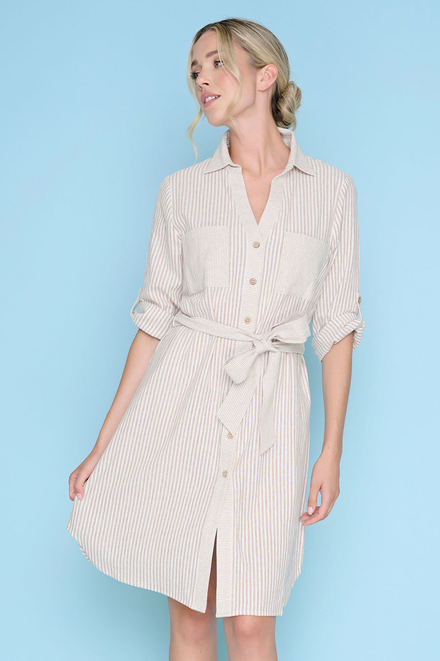 3/4 Sleeves Button-Front Belted Dress