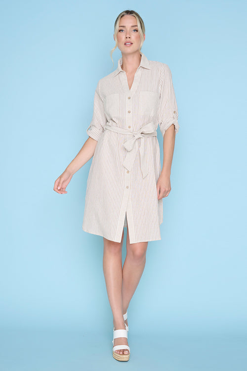 3/4 Sleeves Button-Front Belted Dress