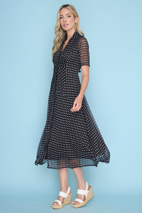Polka-Dot Short-Sleeves Button-Down Long Dress