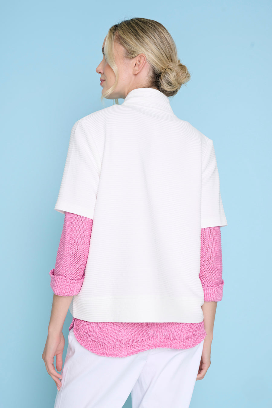 Solid Ottoman Short-Sleeves Zip-Front Jacket