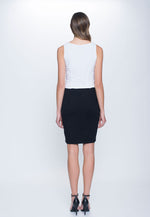 back view of outfit featuring Ponte Straight Skirt in black by Picadilly Canada