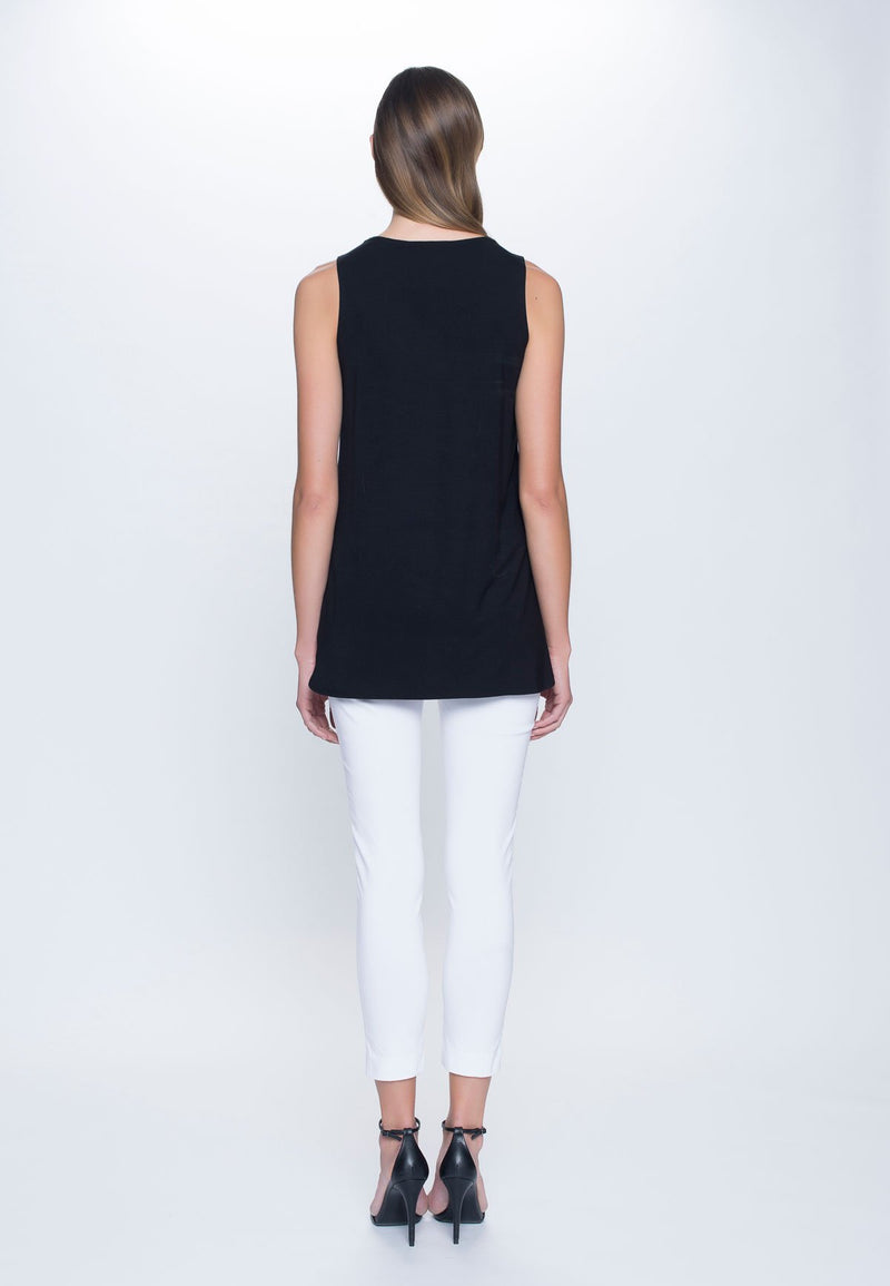 back view of outfit featuring Curved Hem Tank Top in black by Picadilly canada