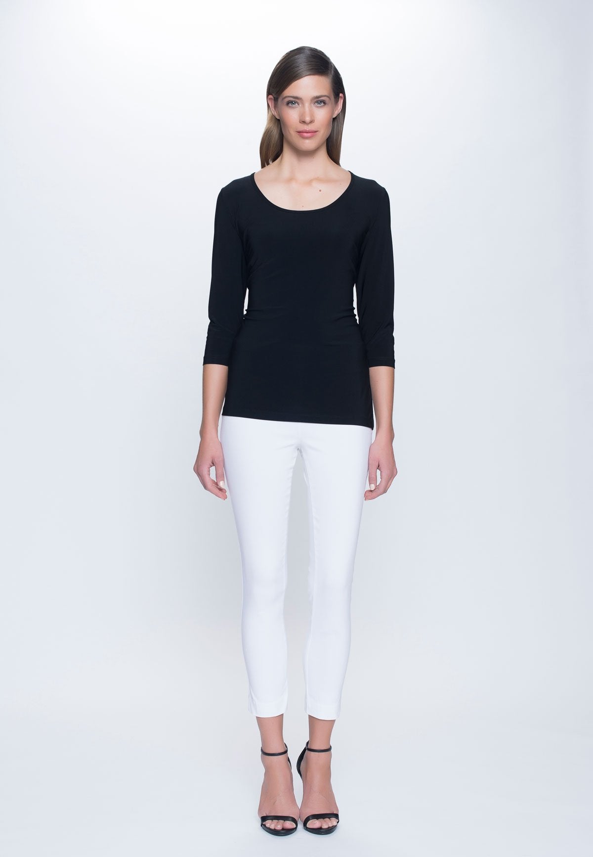 outfit featuring 3/4 Sleeve Round Neck Top in black by Picadilly canada