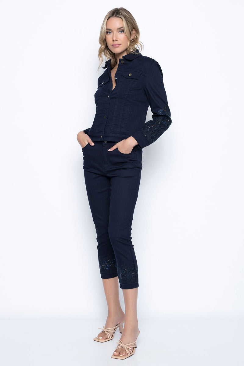 Cutout Embroidered Jeans in deep navy full outfit with matching jacket