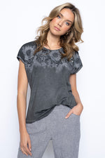Embellished Floral Trim Top Dove Front View