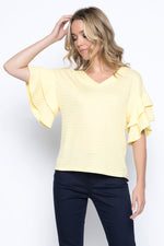 Tiered Ruffle Sleeve Top in yellow close up showing off sleeve