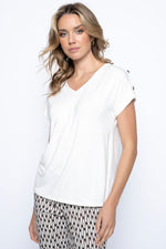 Button Trim V-Neck Top Front View Off White