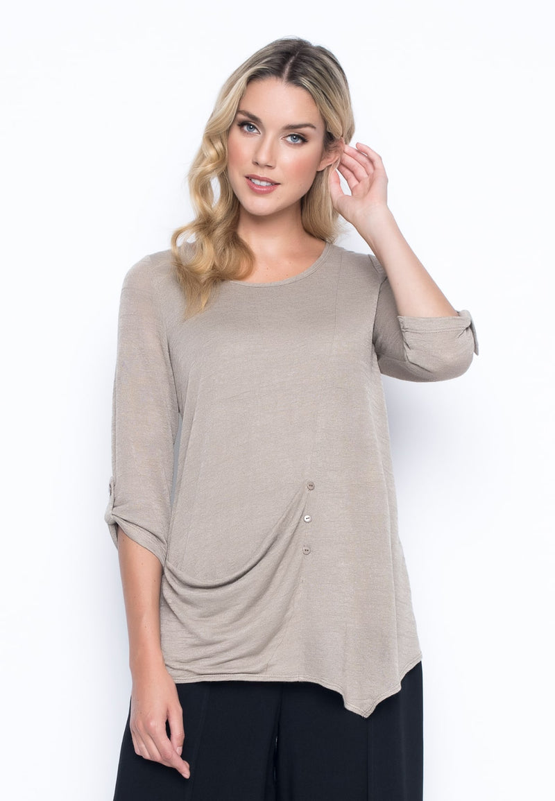 ¾ Sleeve Top With Draped Pocket in beige by Picadilly Canada