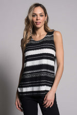 Textured Stripe Curved Hi-Low Hem Tank in black by picadilly canada