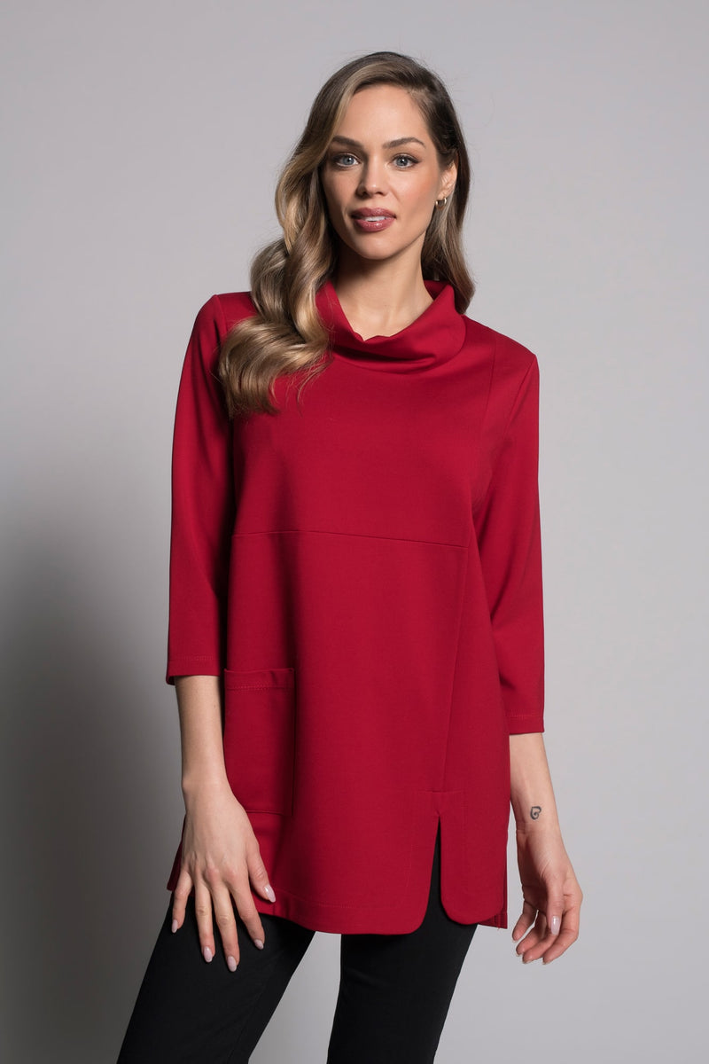 Draped Neck Top With Pocket in red by picadilly canada