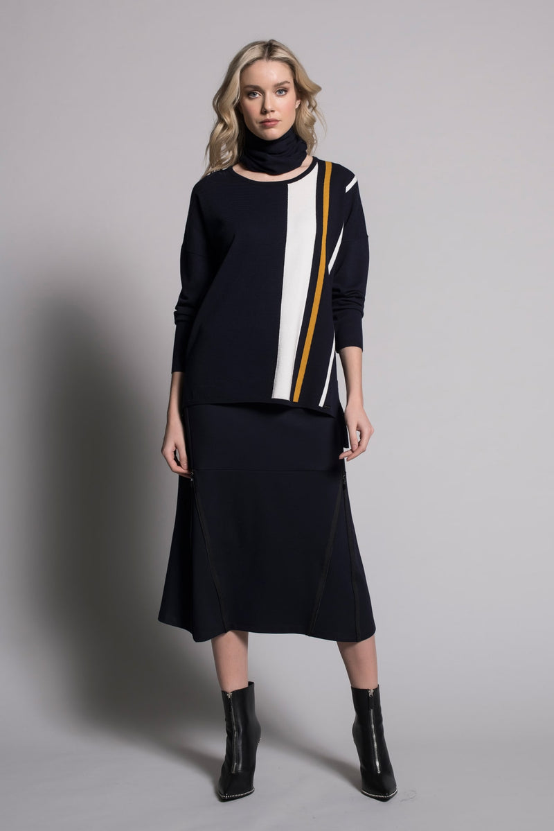 outfit featuring Zipper Trim Long Skirt in deep navy by Picadilly Canada