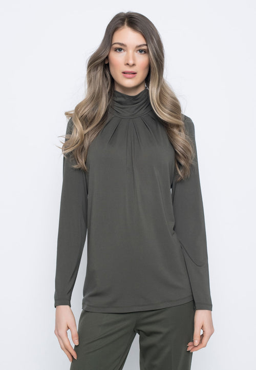 Pleated Mock Neck Top in olive by Picadilly Canada