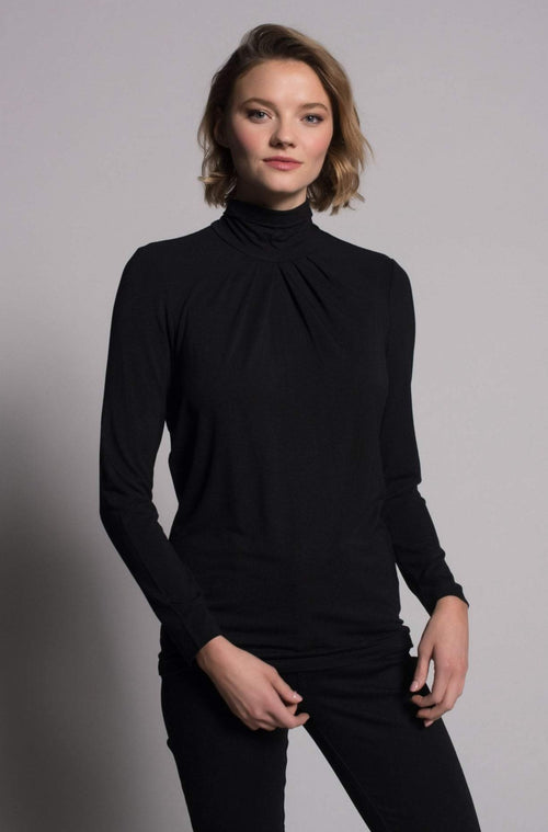 Pleated Mock Neck Top in black by Picadilly Canada