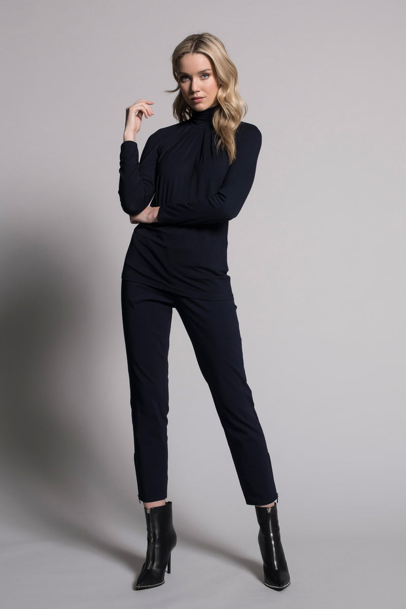 outfit featuring Pleated Mock Neck Top in deep navy by Picadilly Canada