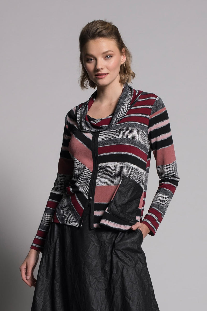 Printed Draped Collar Zipper Trim Tunic in bordeaux multi by picadilly canada