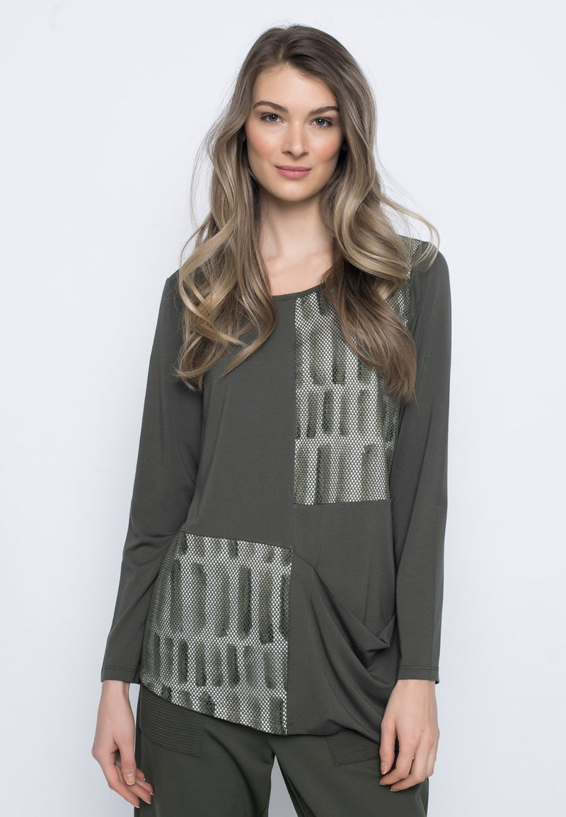 Asymmetrical Hem Top With Draped Pocket in olive by picadilly canada