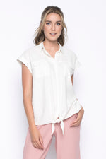 Button Down Tie-Front Top in off white by picadilly canada