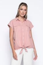 Button Down Tie-Front Top in rose cloud by picadilly canada