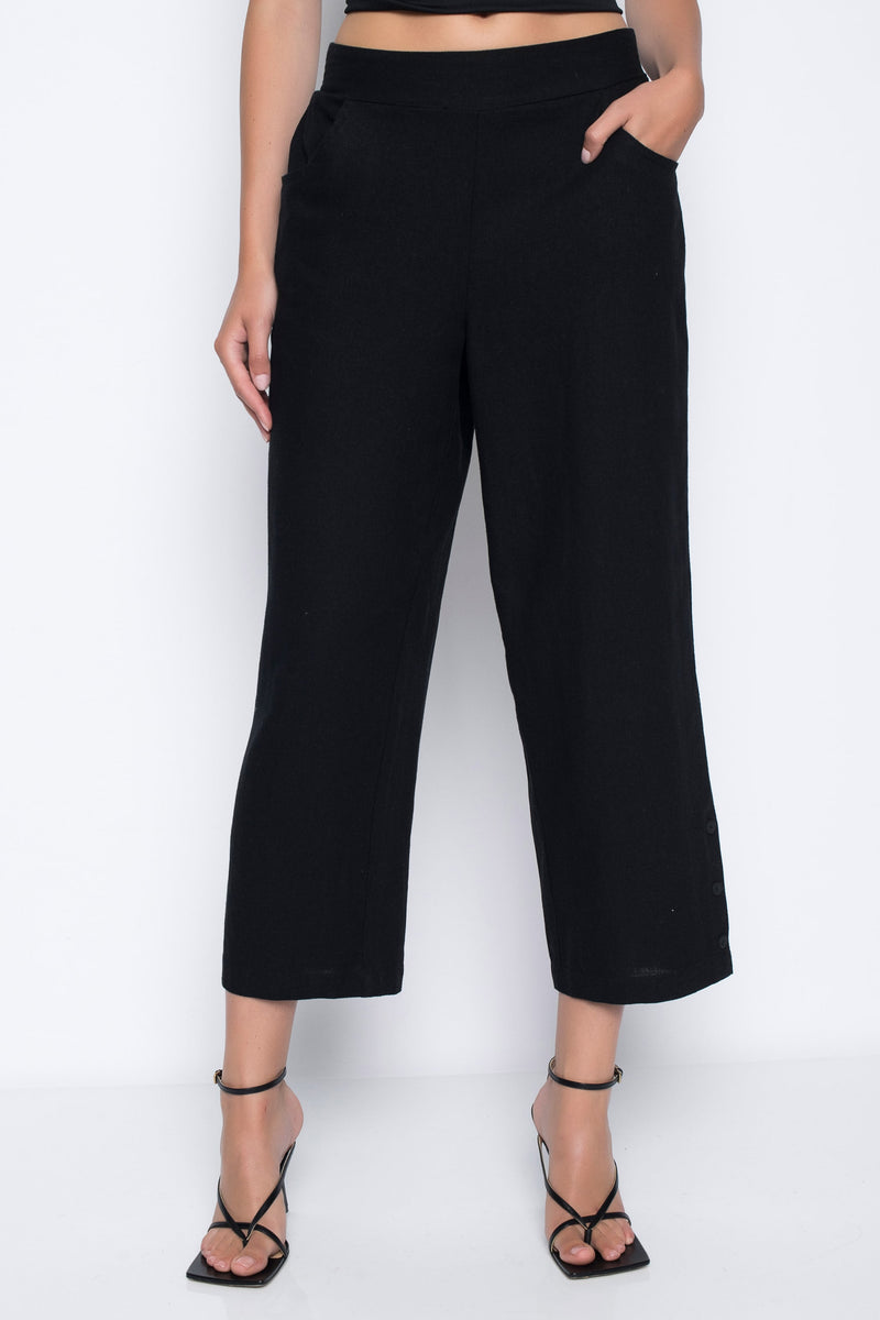 Button-Trim Wide-Leg Cropped Pants- Black by Picadilly Canada