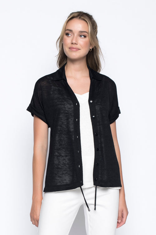 Button-Down Drawstring Hem Top in black by picadilly canada