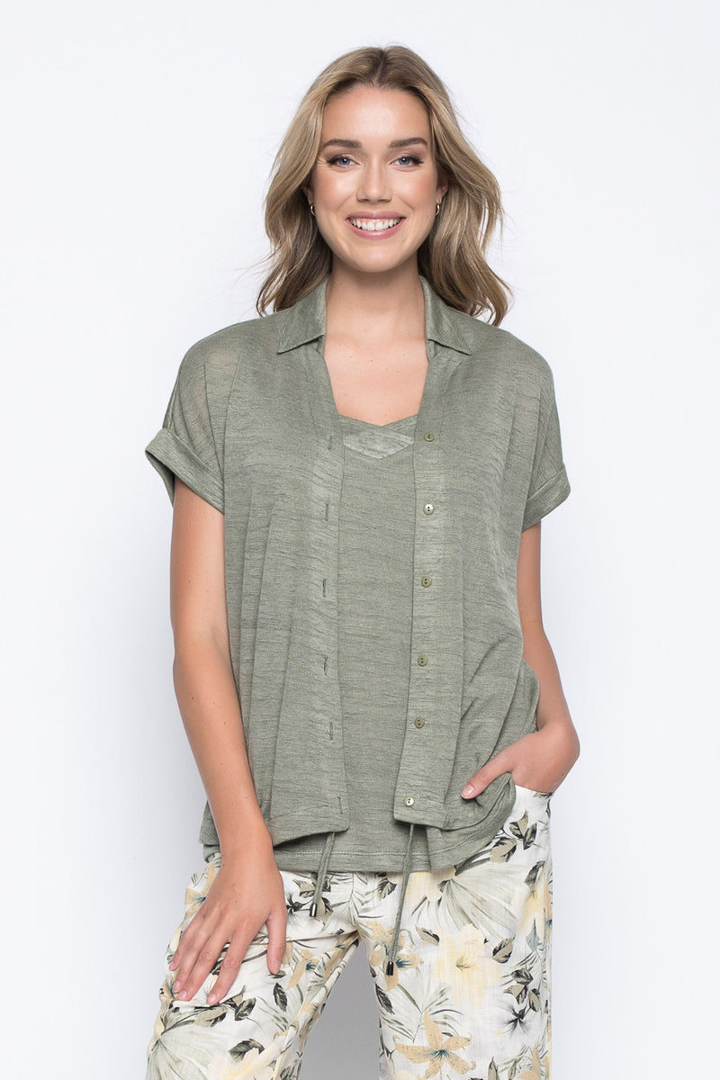 Button-Down Drawstring Hem Top in sage by picadilly canada