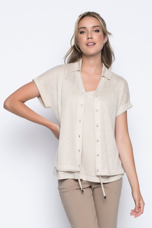 Button-Down Drawstring Hem Top in sand by picadilly canada