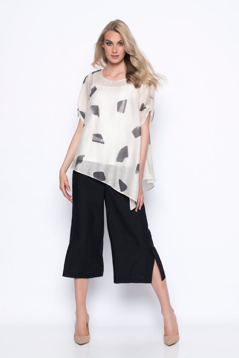 asymmetrical hem top in printed oversized polkadots full outfit with wide leg pants
