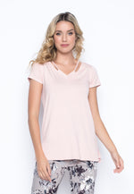Short Sleeve Top With Neck Line Strap in pastel coral pink by picadilly canada